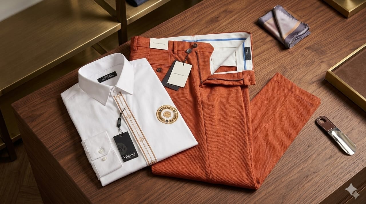 White button-down shirt with gold accents placed on orange trousers with accessories.