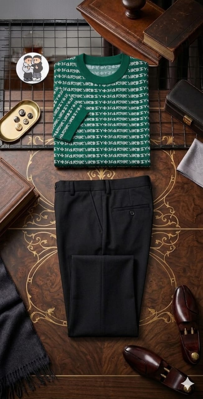 Green all-over print crewneck top paired with black trousers in styled flat lay.