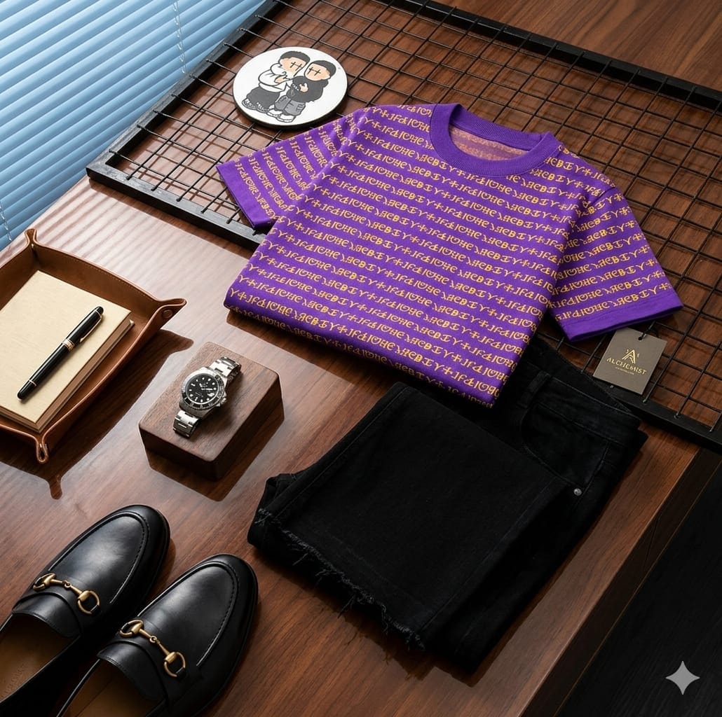 Purple all-over print t-shirt folded with black jeans on wooden table with accessories.