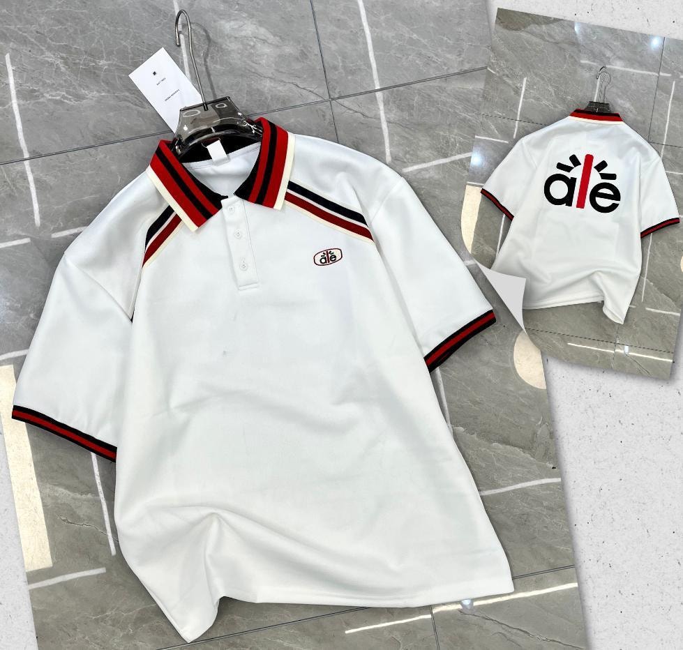 White polo shirt with striped collar and cuffs, showing back with large dié graphic.
