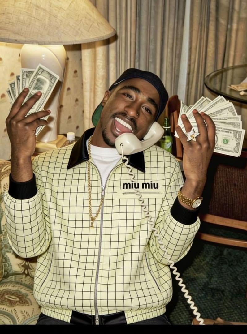 Model in cream grid print bomber jacket posing with phone and money.