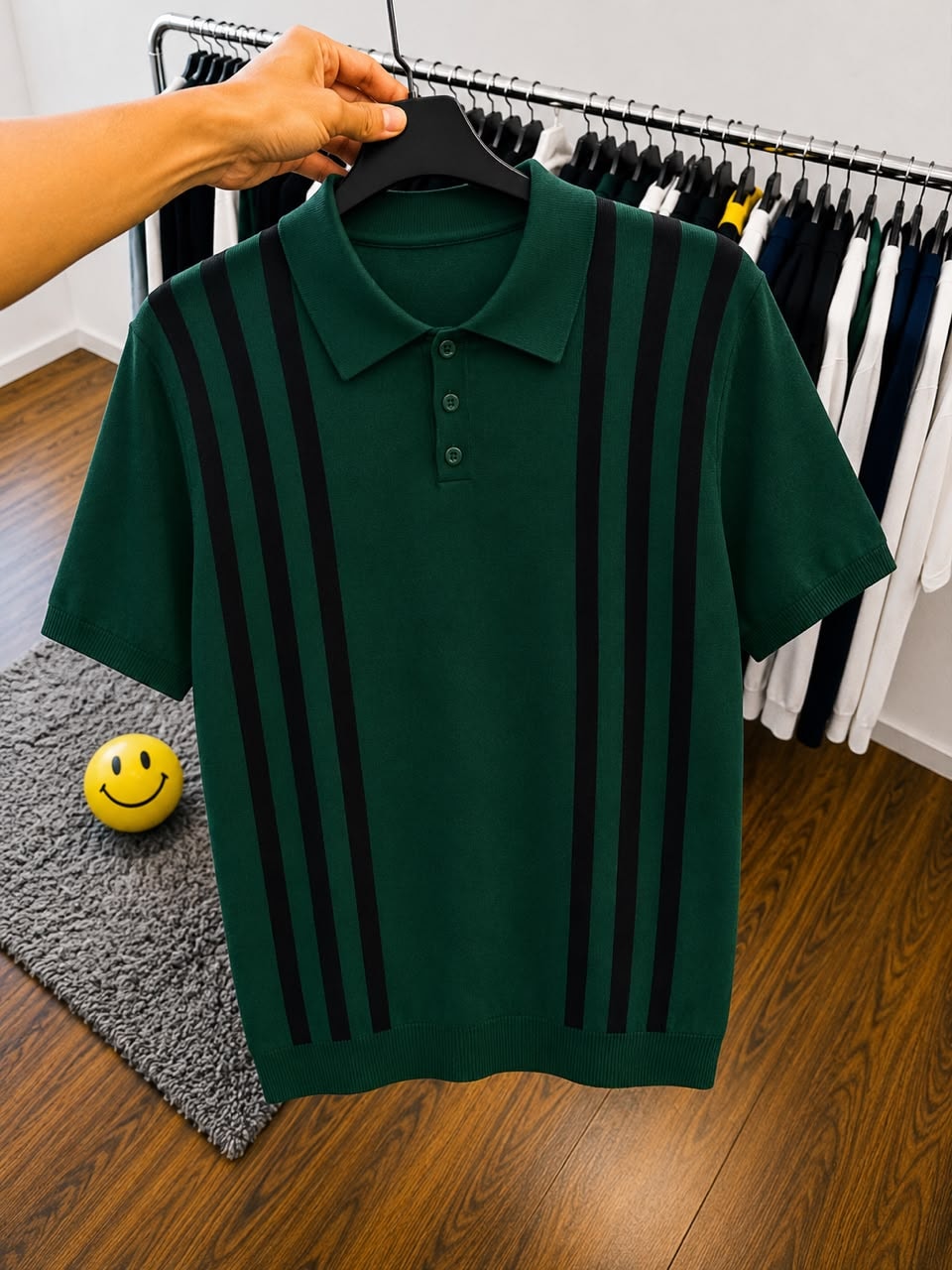 Dark green polo shirt with black vertical stripes on hanger.