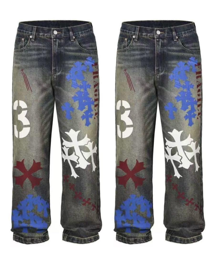 Front views of dark baggy jeans with blue, white and red cross graphics, number 3 and FRAGILE text.