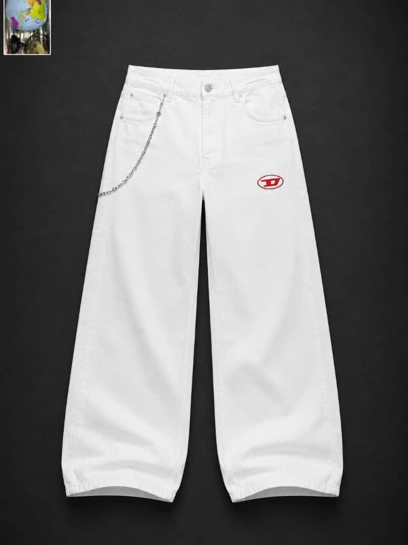 Flat lay of white baggy jeans with red logo embroidery and side chain detail.