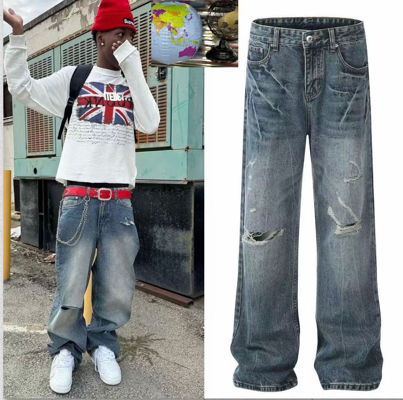 Collage featuring model in baggy jeans and flat lay of blue distressed jeans with multiple knee rips.