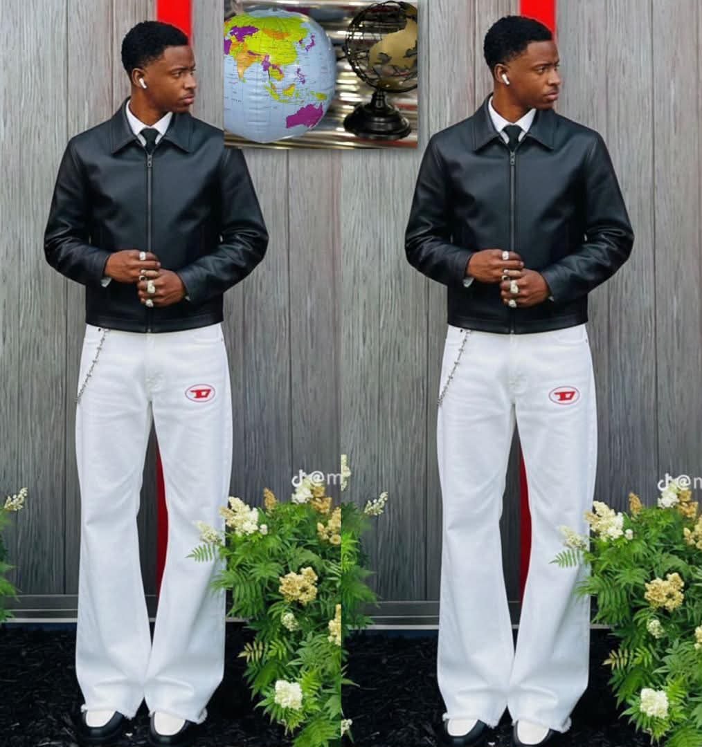 Model wearing white flared jeans with red logo and side chain detail in dual poses.