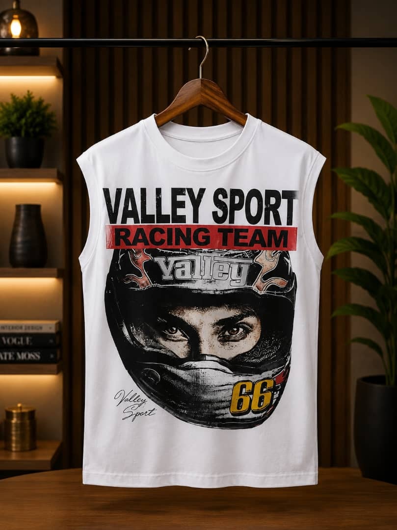 White sleeveless top with Valley Sport Racing Team text and woman in helmet graphic.