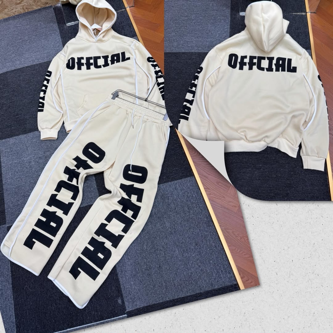 Cream hoodie and jogger set with black Official prints, front view with pants and back hoodie view.