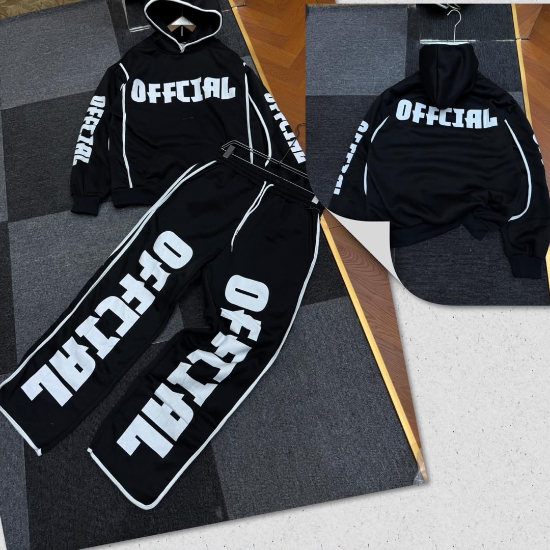 Black hoodie and jogger set with white Official prints, front view with pants and back hoodie view.