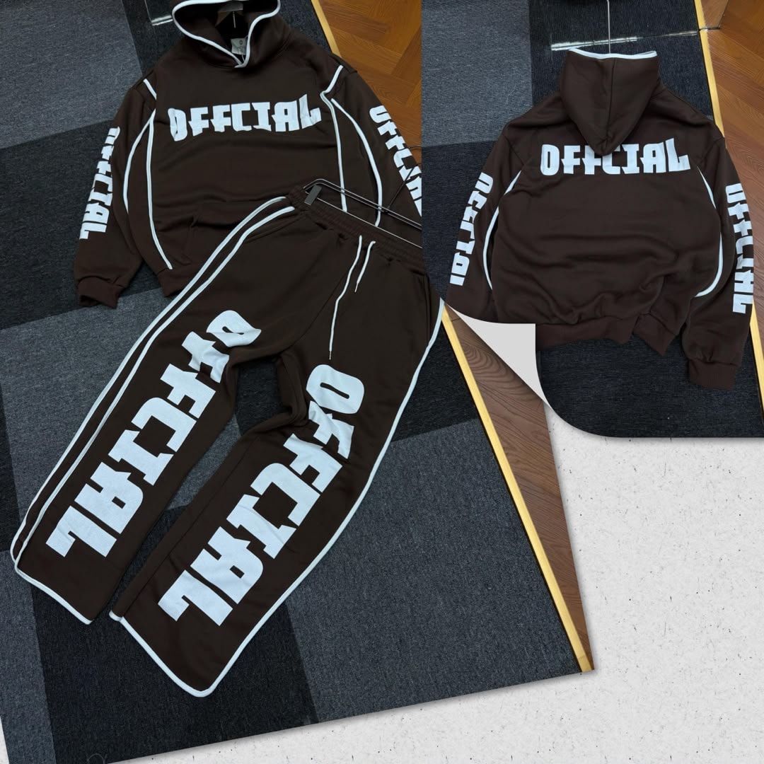 Brown hoodie and jogger set with white Official prints, front view with pants and back hoodie view.