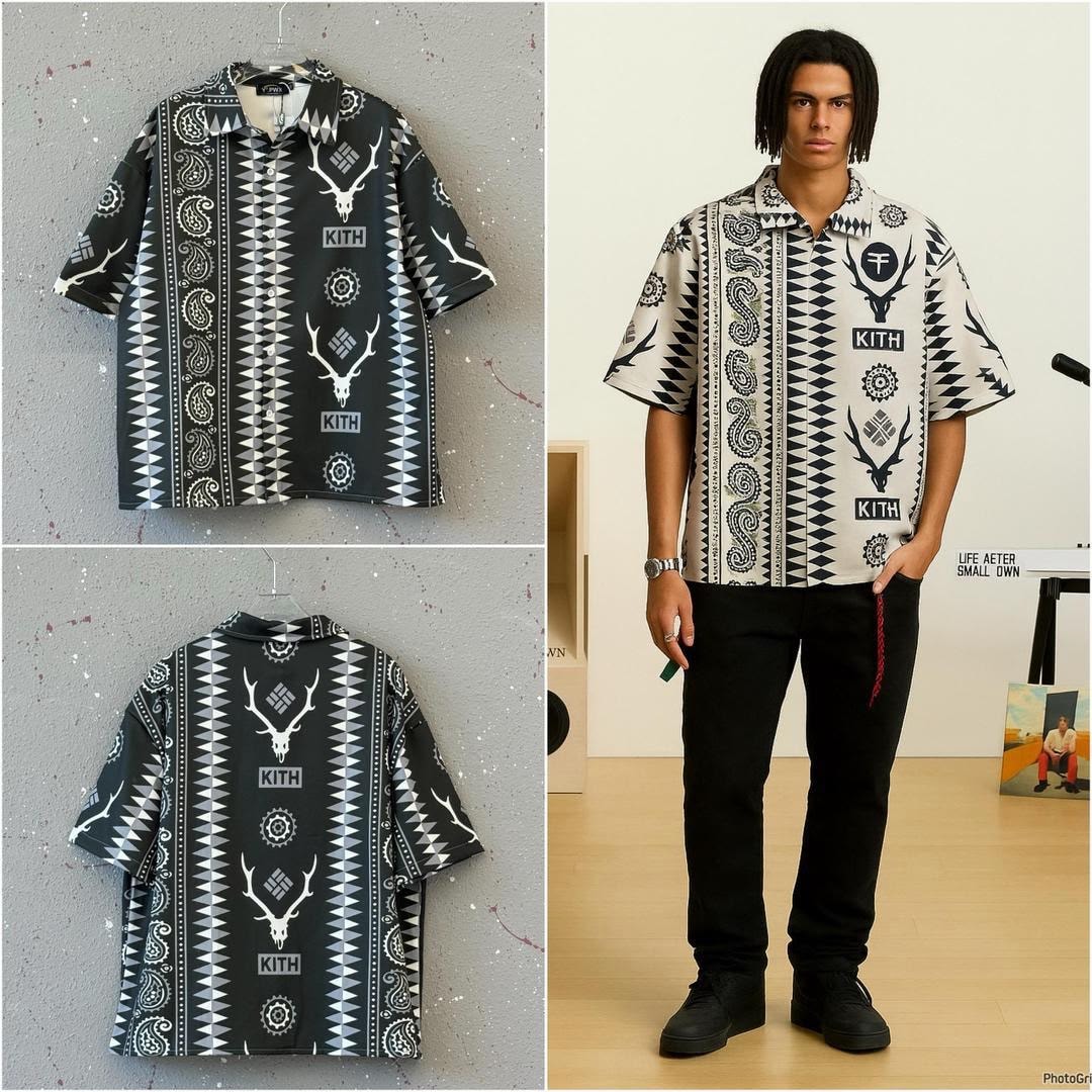 Black KITH patterned short sleeve shirt shown in flat lay and on model.