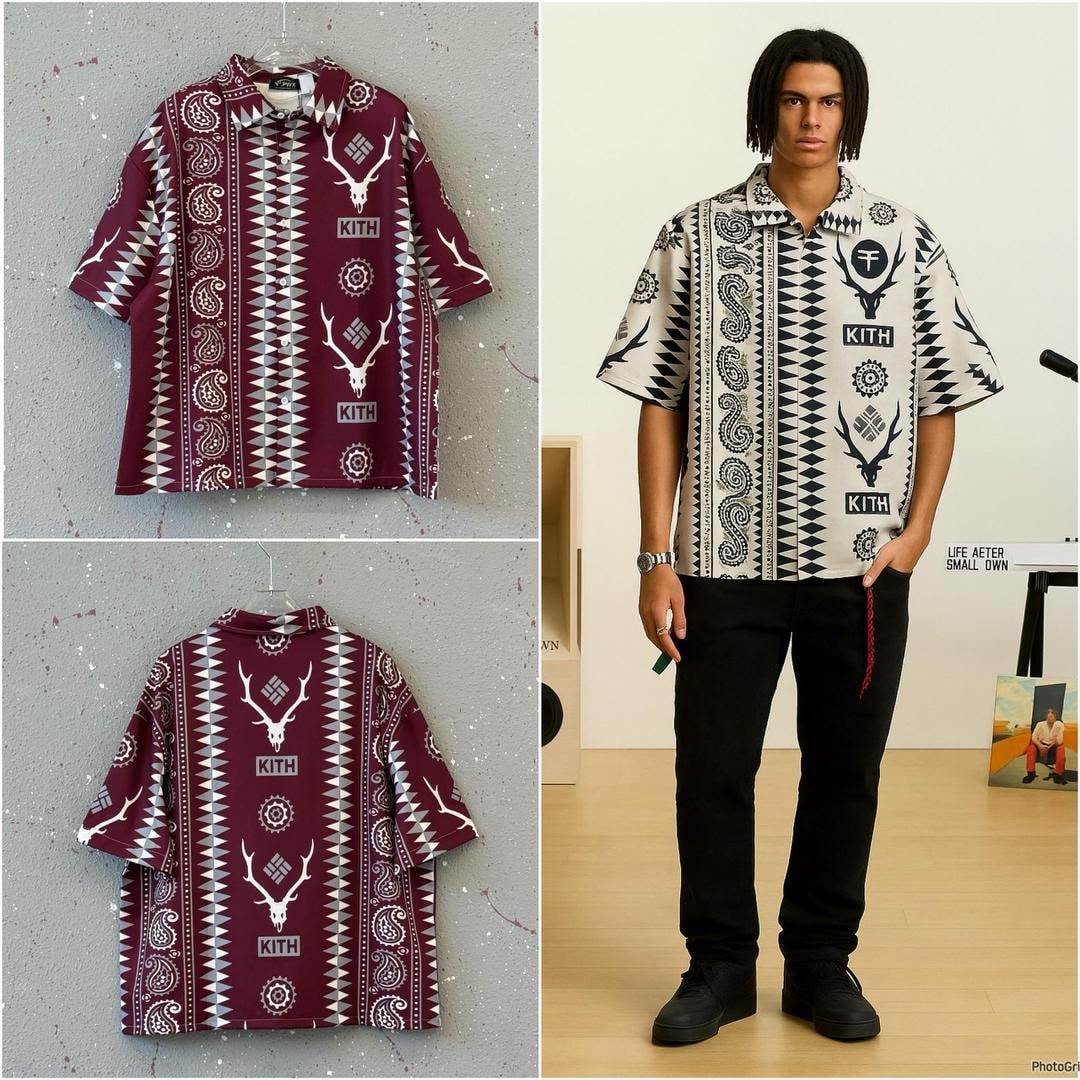Burgundy KITH patterned short sleeve shirt shown in flat lay and on model.
