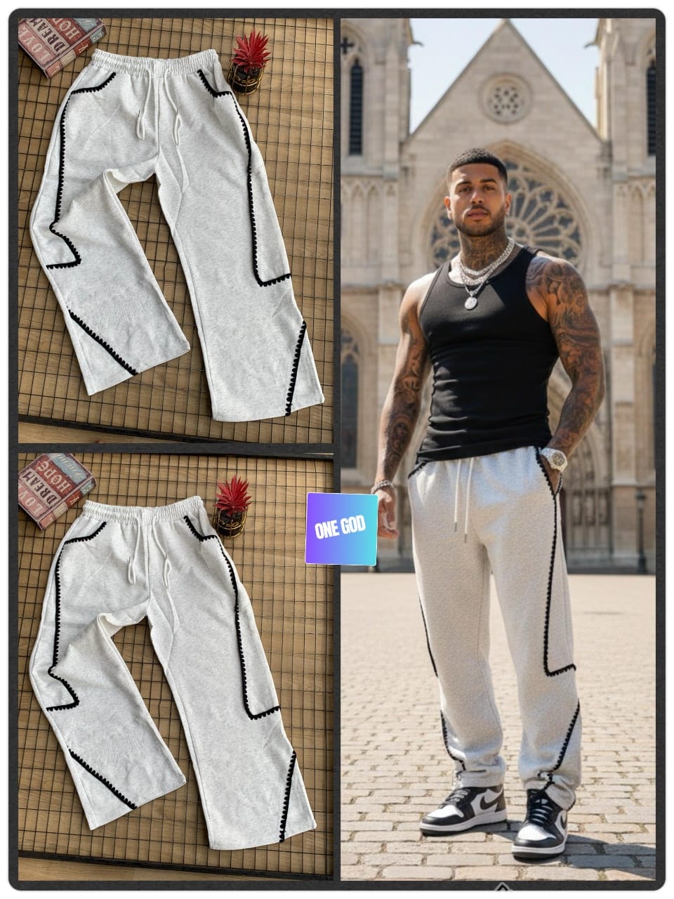 Light gray joggers with black zigzag trim shown in flat lay and worn by model.