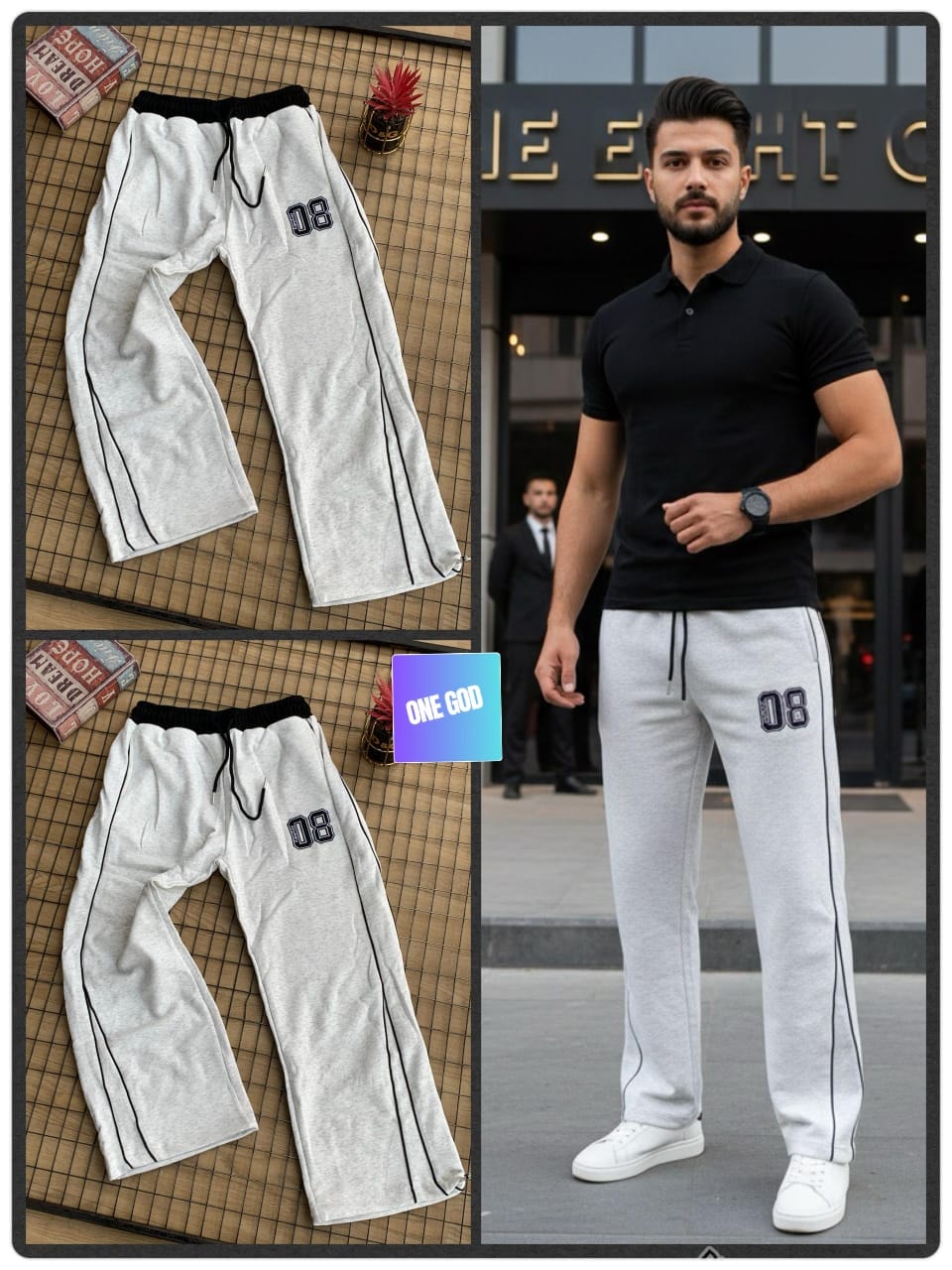 Light gray joggers with black piping and 08 logo shown in flat lay and on model.