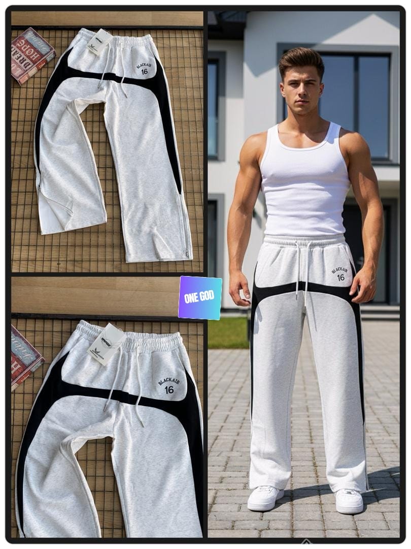 Gray joggers with black contrast panels and logo shown in flat lay and worn by model.