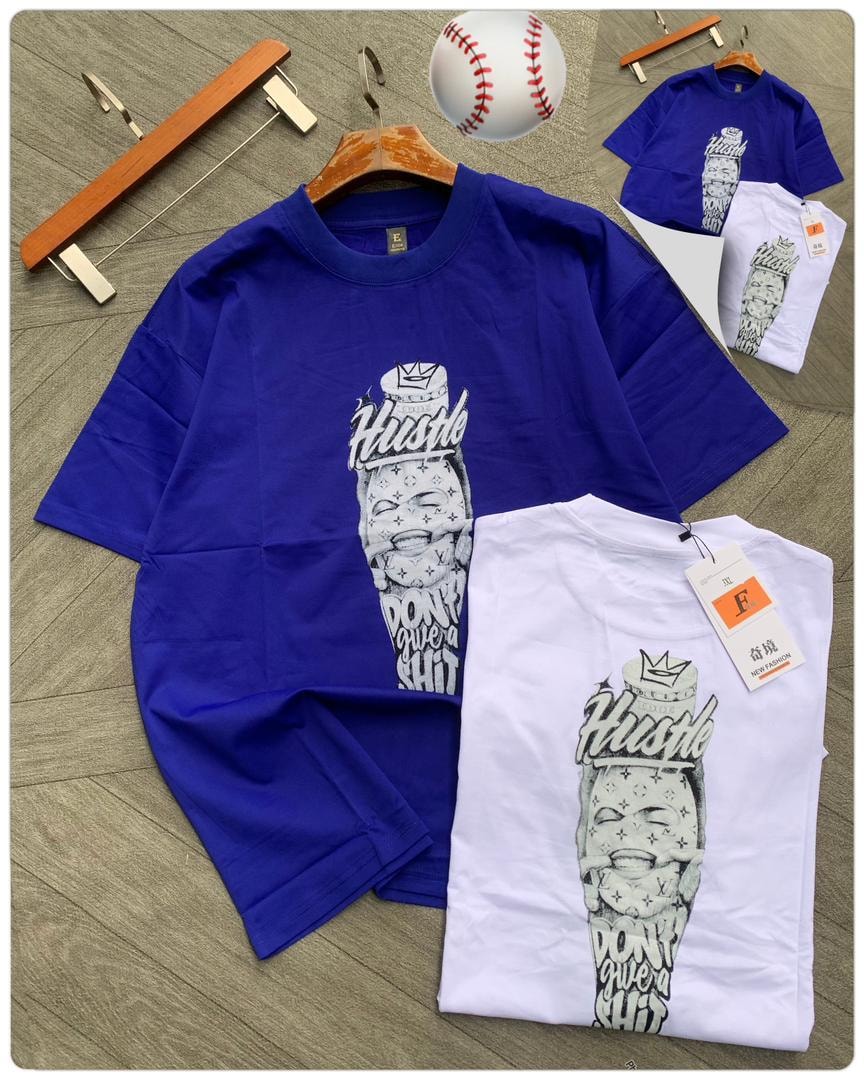 Blue and white tees with Hustle money face graphic.