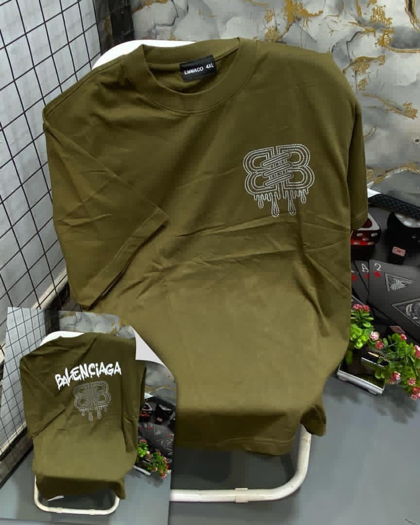 Olive t-shirt with white dripping BB logo on chest and BALENCIAGA text on back.