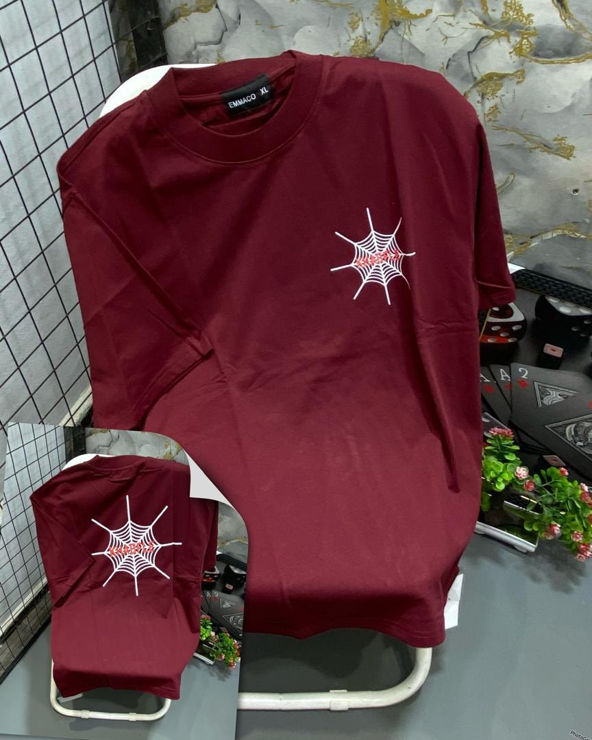 Burgundy t-shirt with white and red spider web graphic on chest, back view inset.