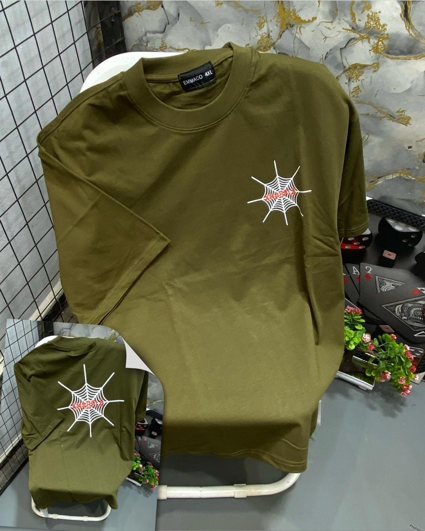 Olive green t-shirt with white and red spider web graphic on chest, back view inset.