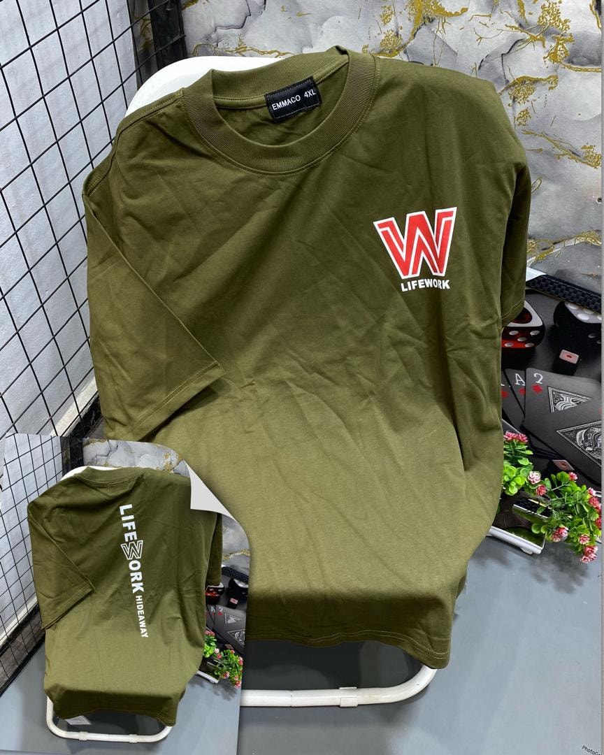 Olive green Lifework t-shirt with red W logo on chest and sleeve branding.