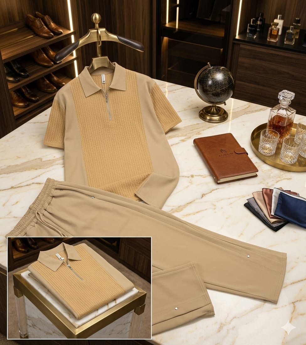 Beige perforated zip polo shirt and matching trousers styled on marble table with accessories.
