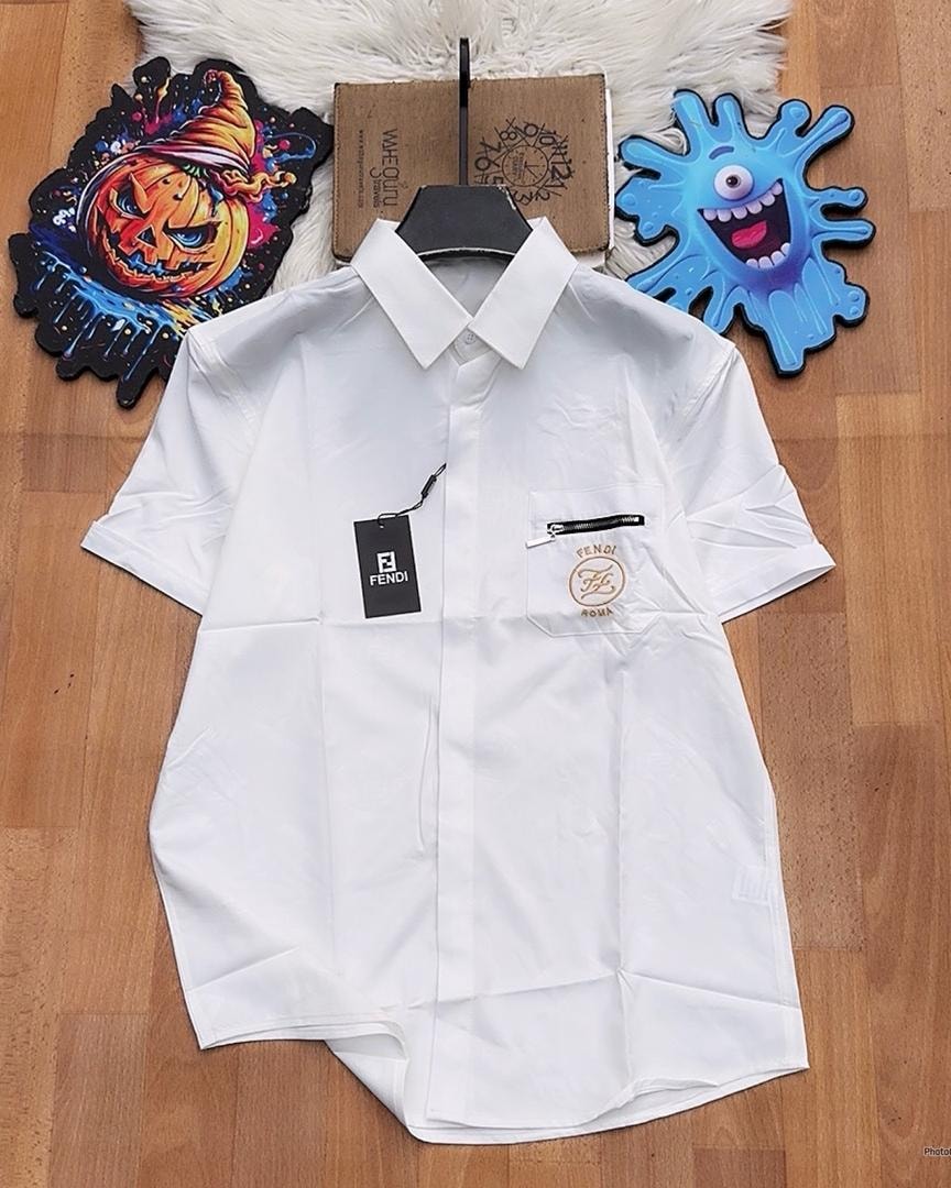 White Fendi monogram short sleeve button-down shirt with chest pocket.