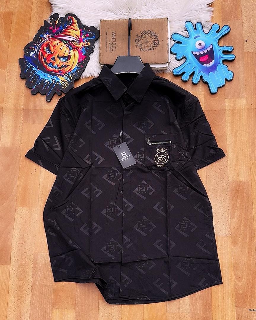 Black Fendi monogram short sleeve button-down shirt laid flat.