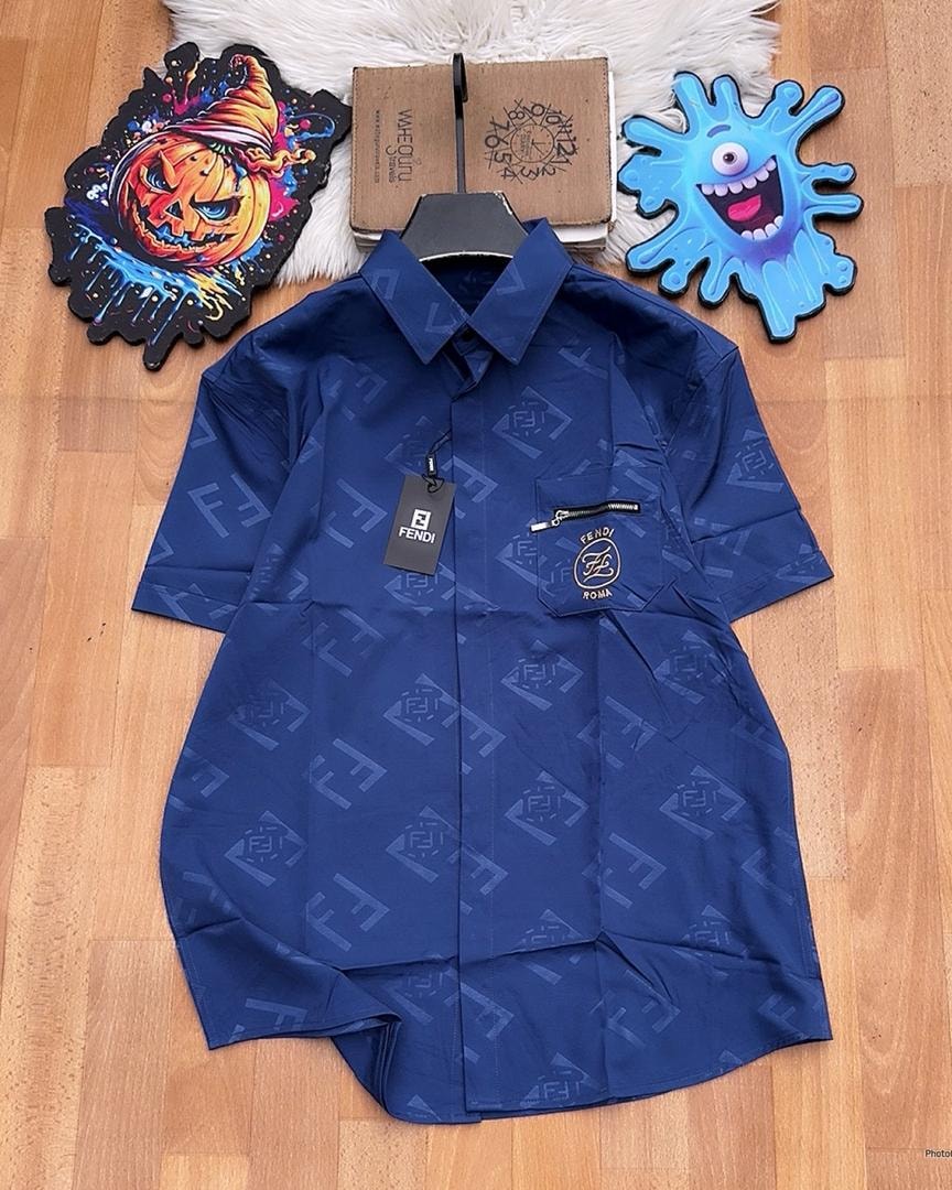 Navy Fendi monogram short sleeve button-down shirt laid flat.
