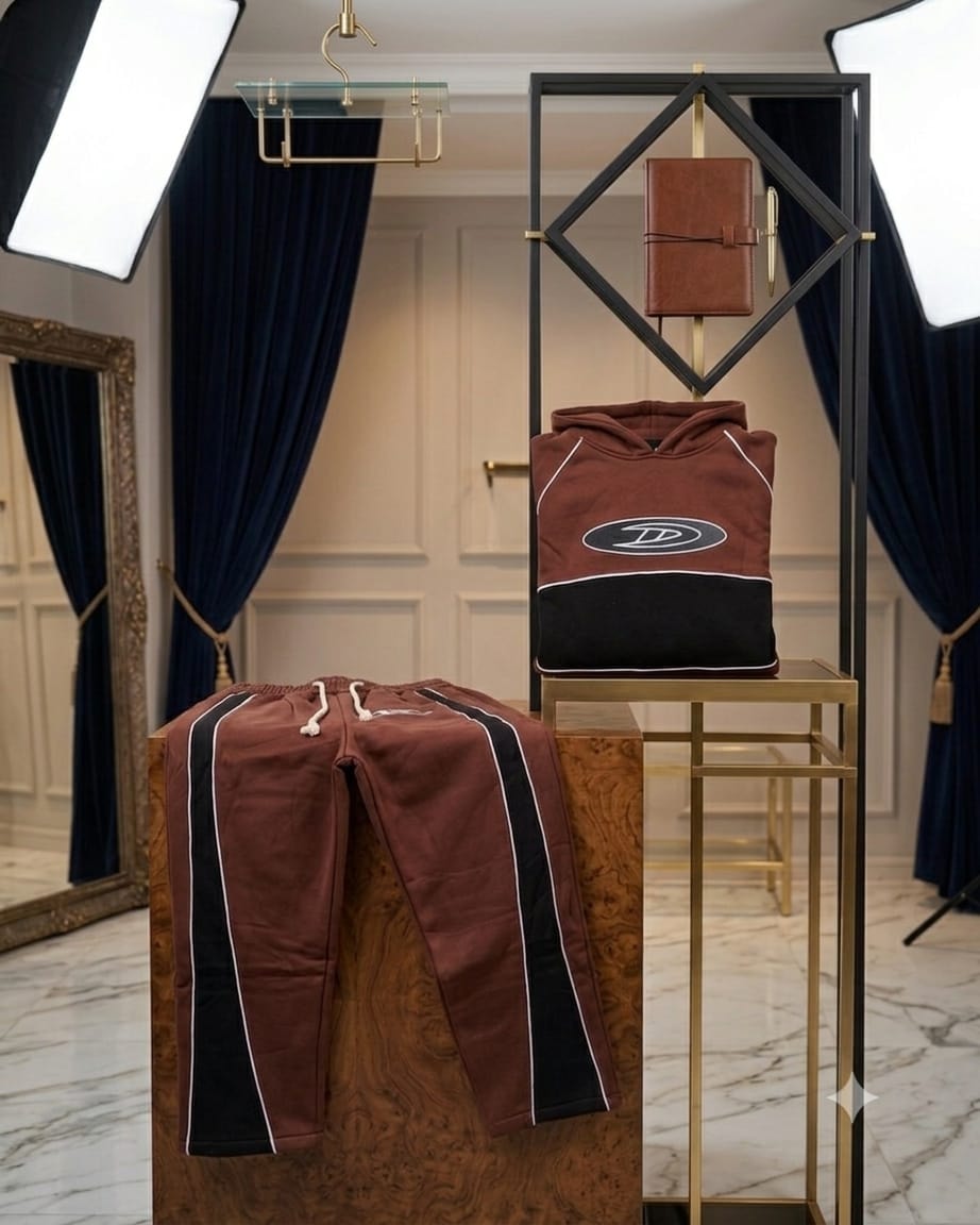 Folded brown colorblock hoodie and joggers with white piping shown in studio setting.