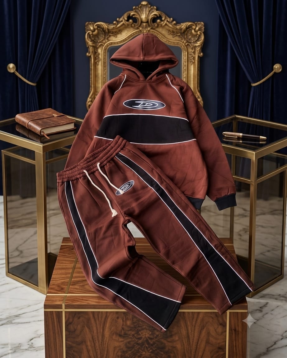 Brown and black colorblock hoodie and jogger set displayed on wooden pedestal in elegant room.