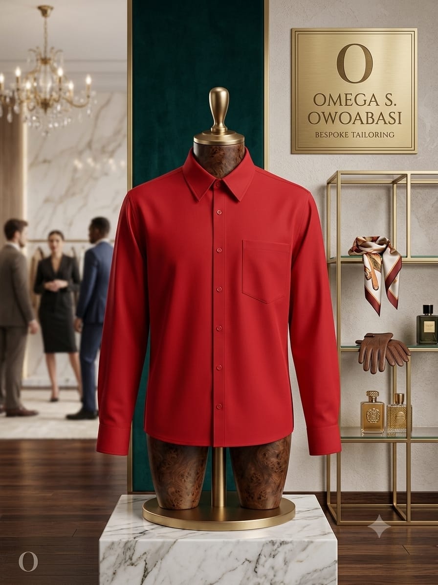 Red long sleeve button-down shirt on mannequin in elegant bespoke tailoring showroom.