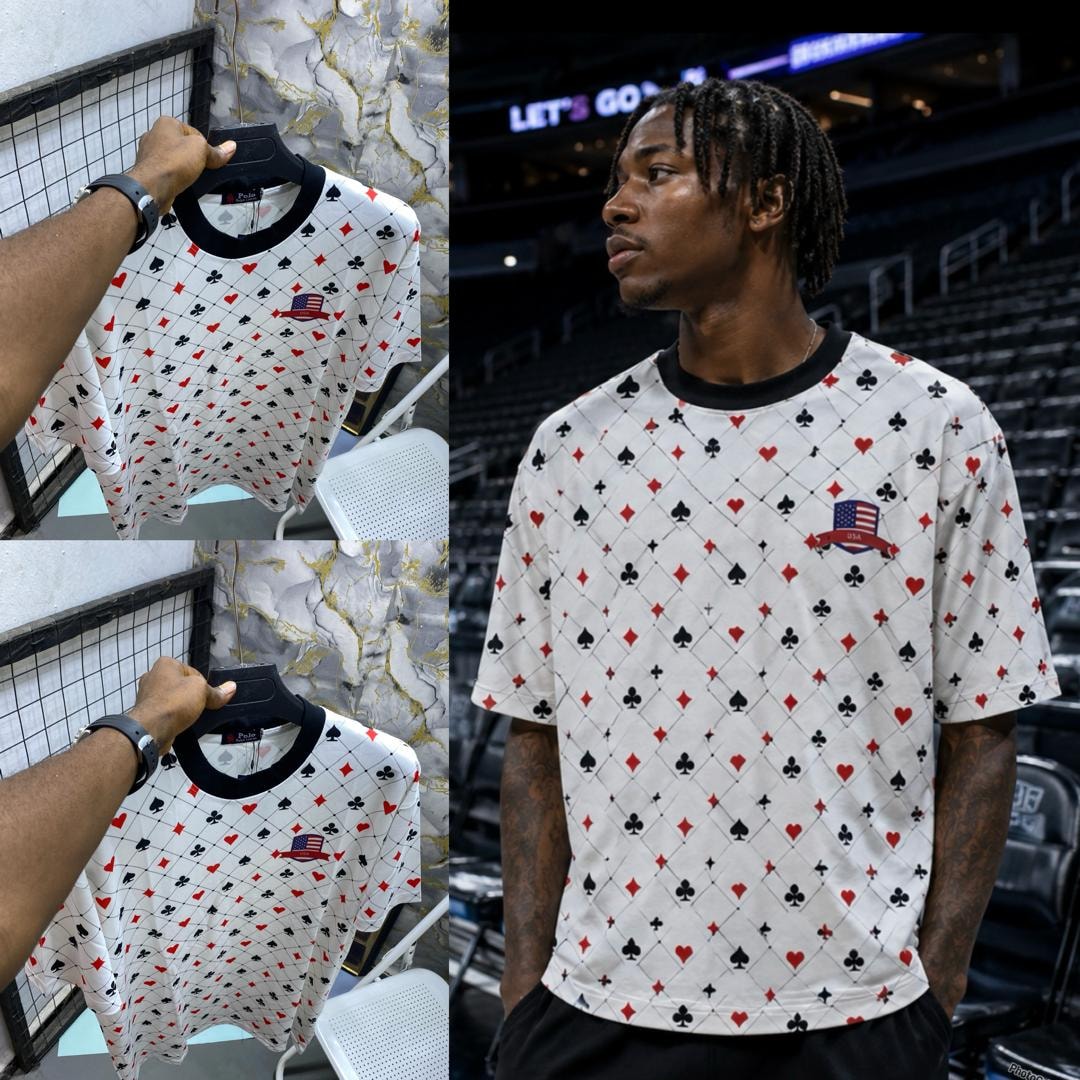 Collage of white playing cards t-shirt on hanger and model wearing it outdoors.