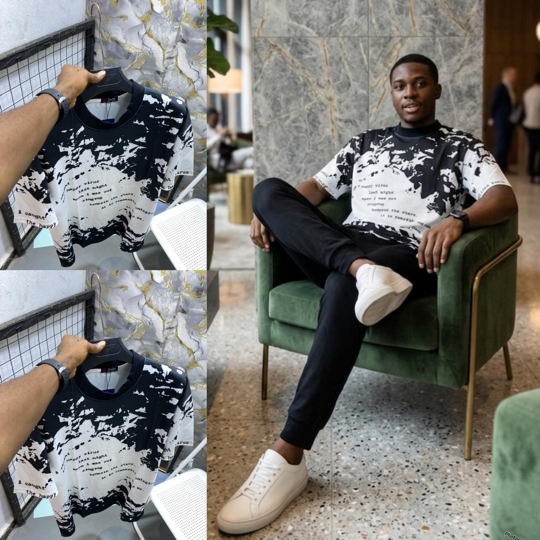 Collage of black and white virus print t-shirt on hanger and man modeling it in a modern lounge.