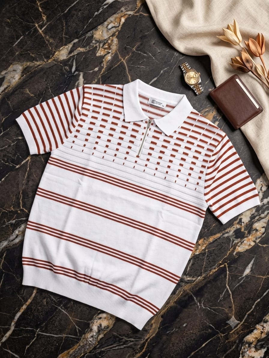 White and brown geometric striped knit polo shirt on dark marble surface.