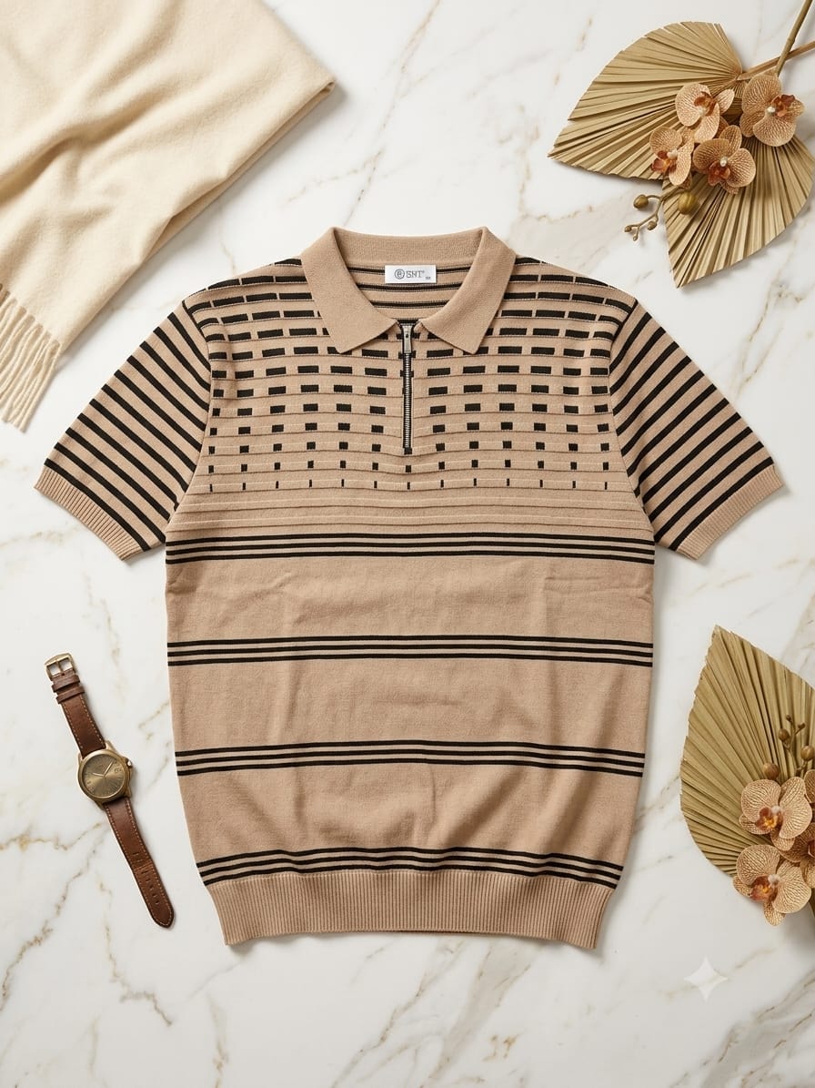 Beige and black geometric knit polo shirt laid flat on marble with accessories.