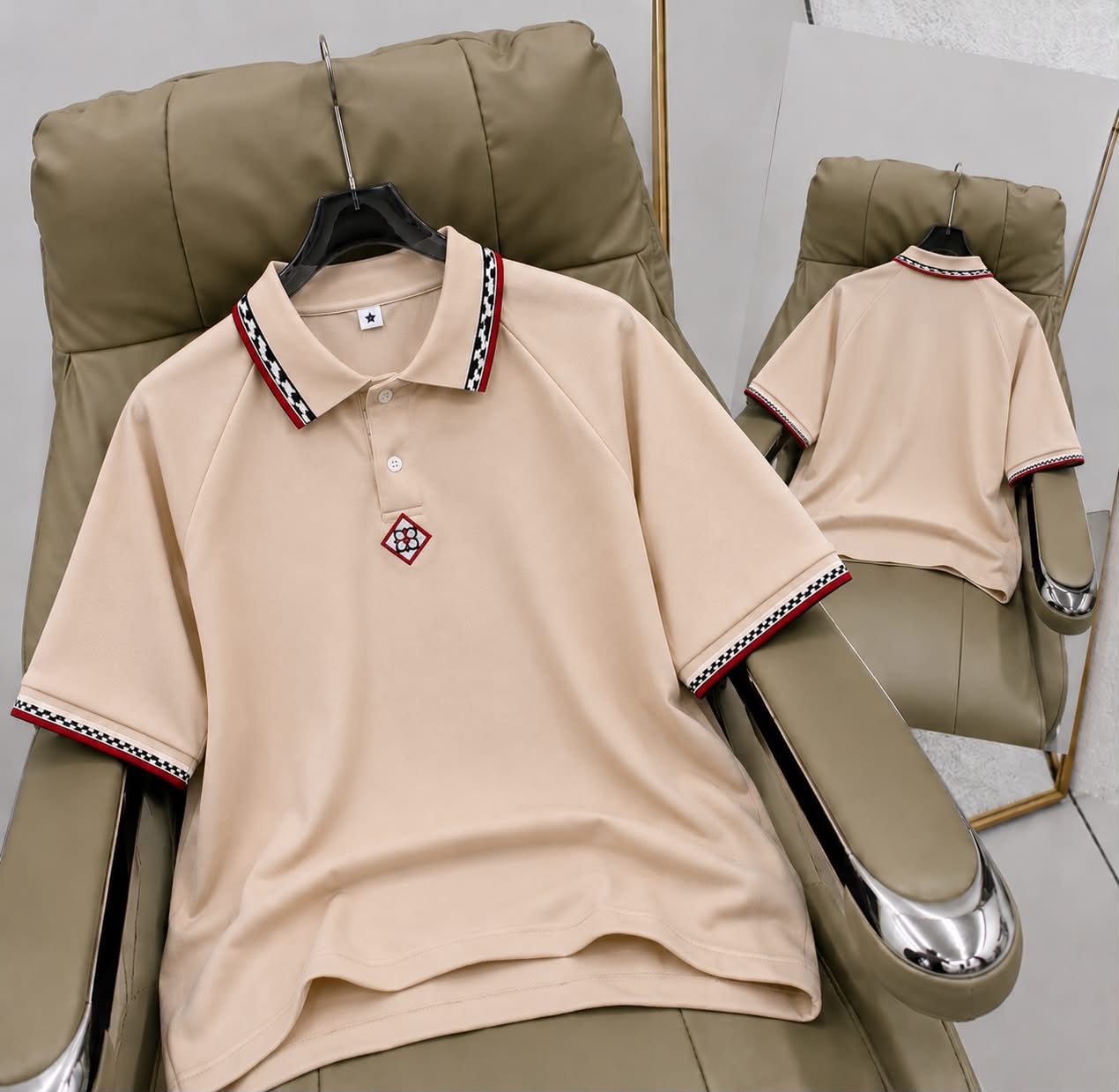 Beige short sleeve polo shirt with patterned trim on collar and cuffs, front and back views.