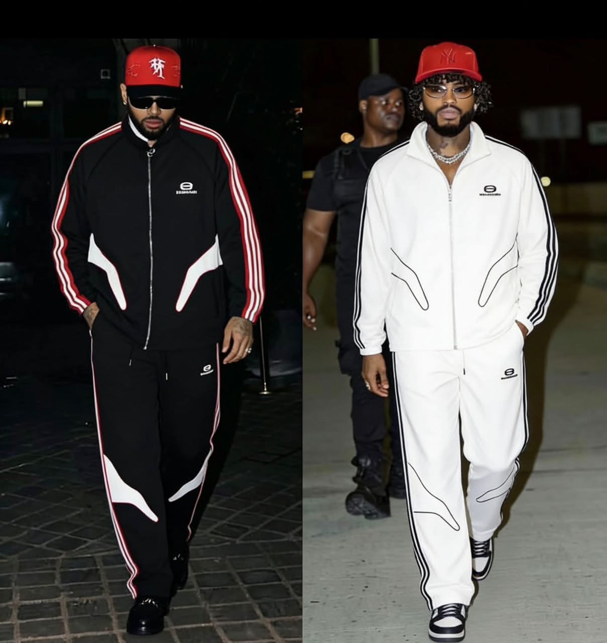 Two men wearing black and white Balenciaga tracksuits side by side.