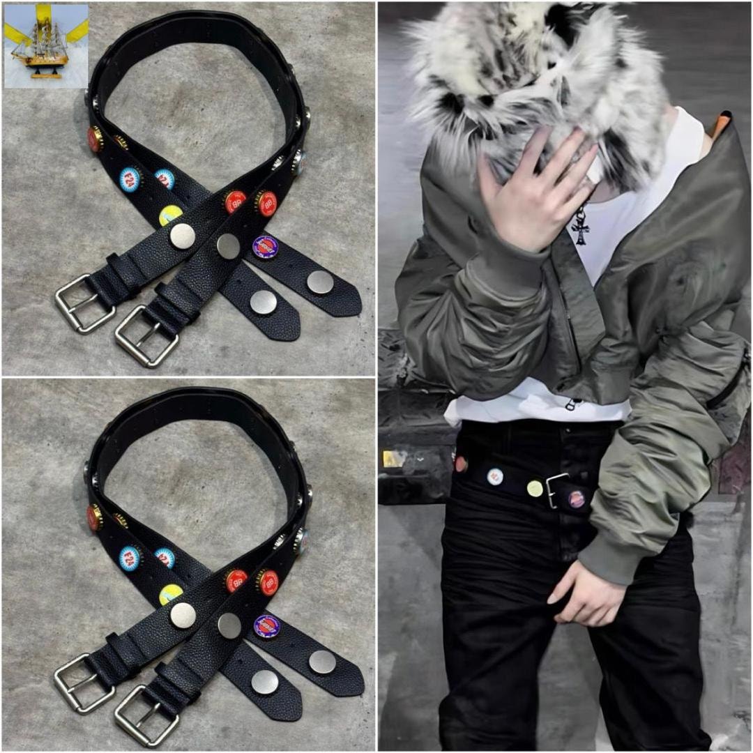 Black belt with bottle caps and model wearing similar belt with green jacket.