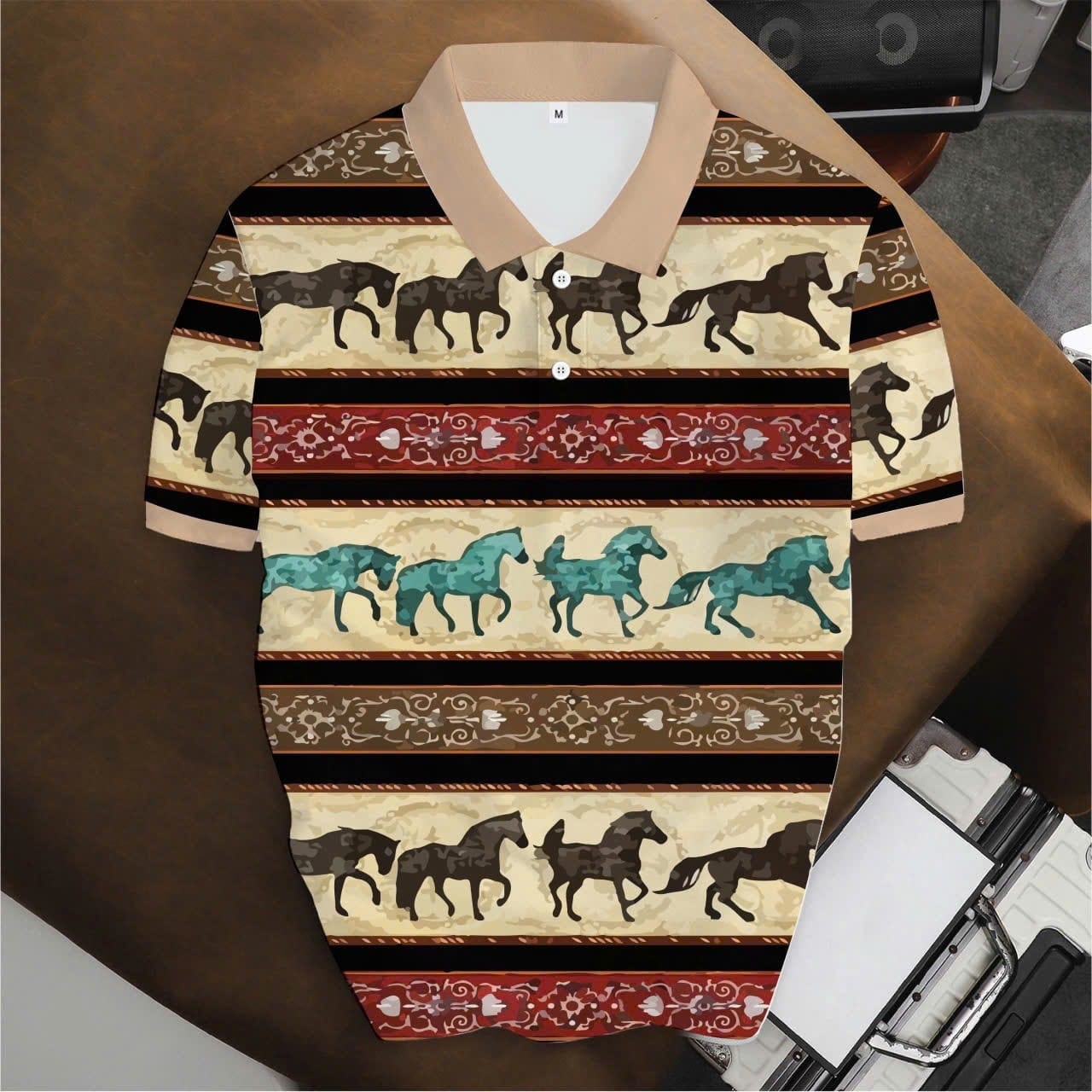 Beige collar unisex polo shirt with horse silhouettes and striped patterns, flat lay.