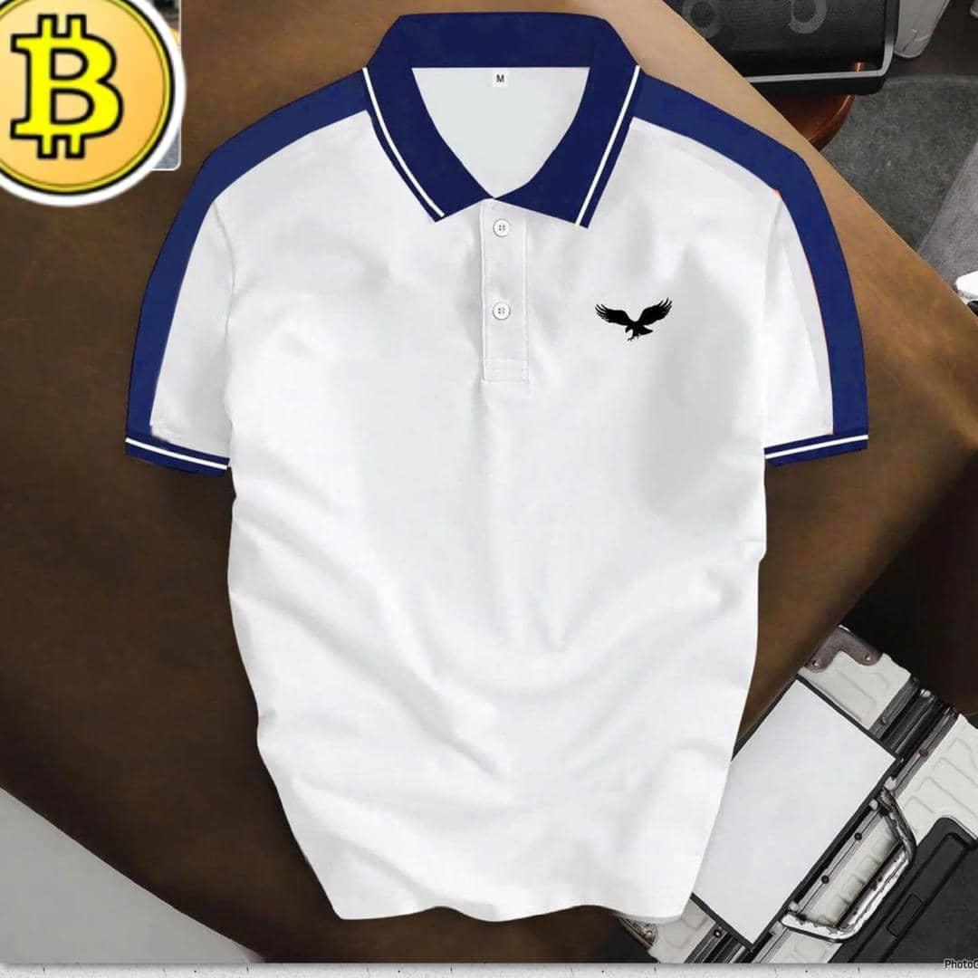 White unisex polo shirt with blue collar and sleeve trim plus eagle chest logo, flat lay.
