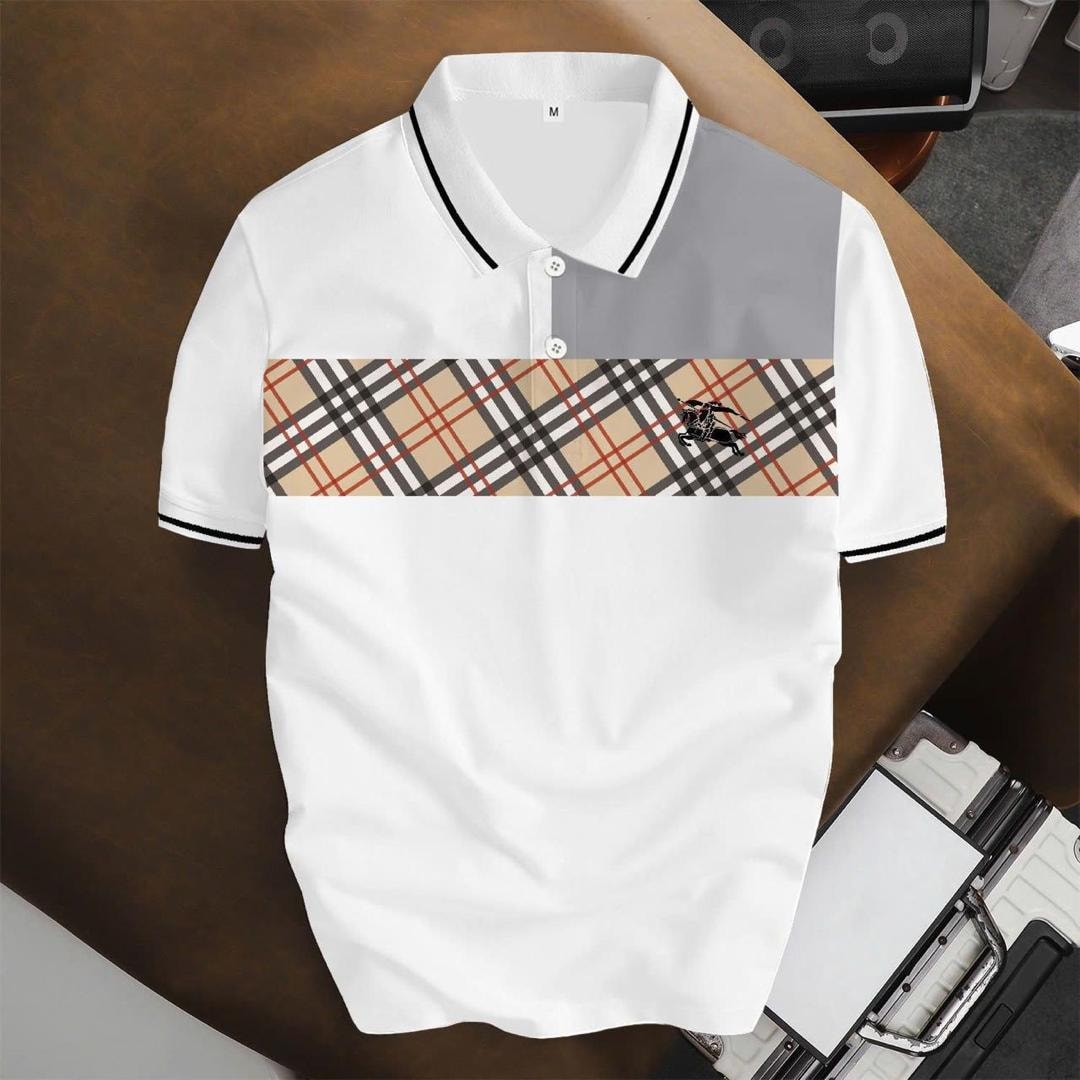 White unisex polo shirt with gray shoulders, plaid chest band and logo, flat lay.