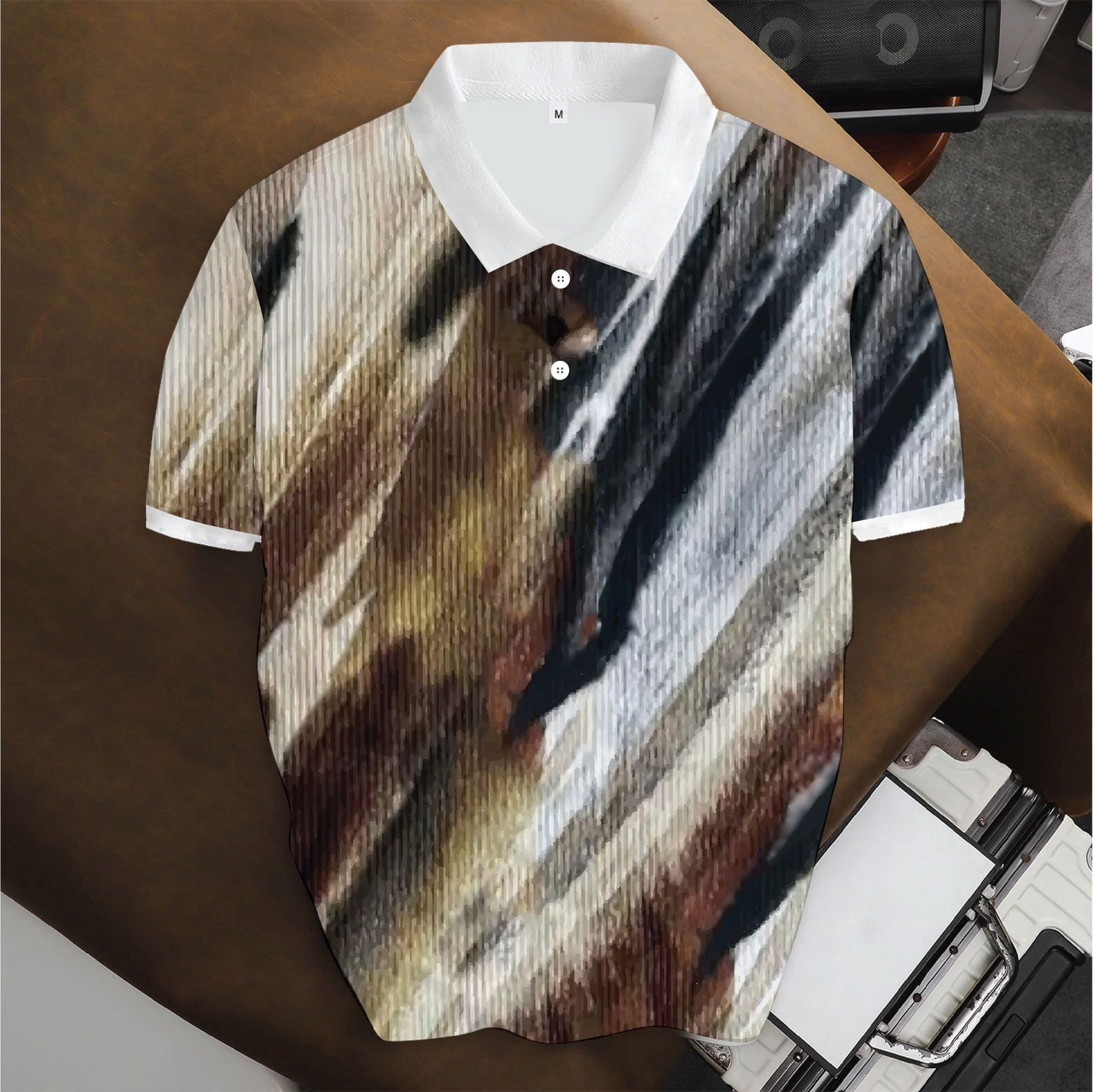 White unisex polo shirt with multicolored abstract stripe print, flat lay view.
