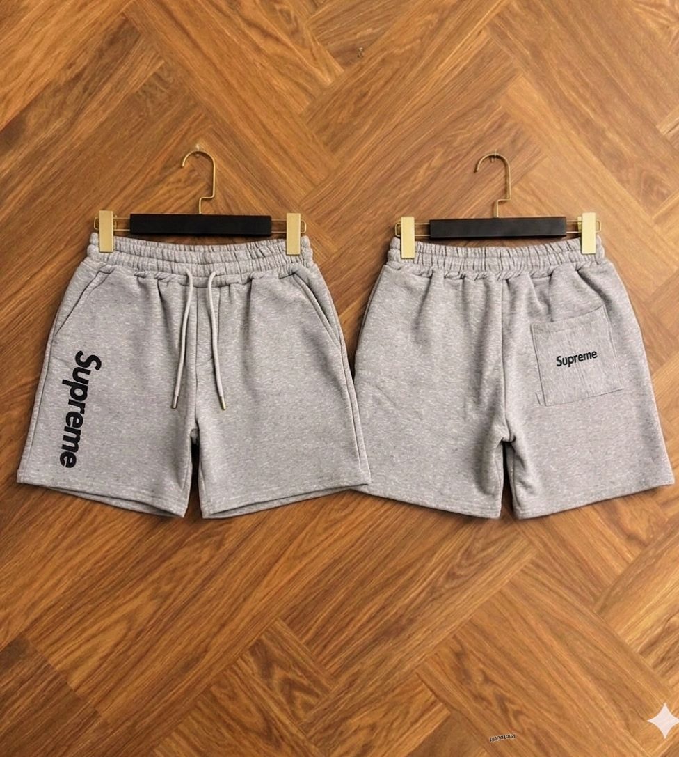 Gray Supreme fleece shorts shown from front and back views.