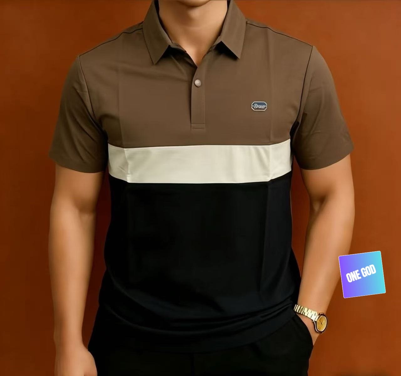 Model wearing brown, white, and black colorblock polo shirt.
