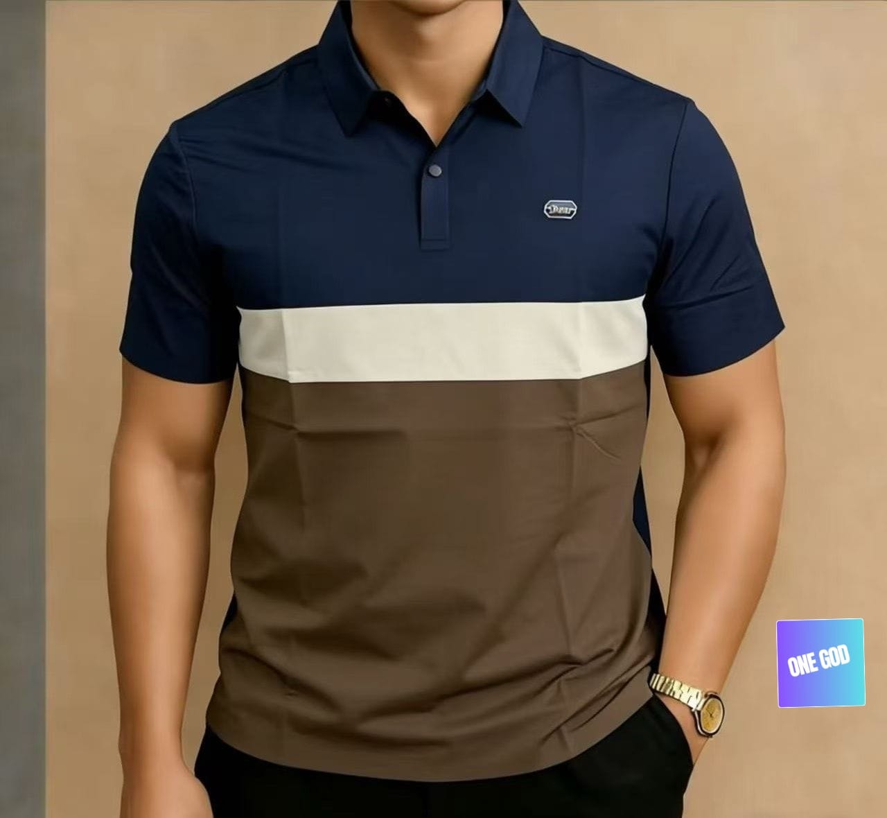 Model wearing navy, white, and brown colorblock polo shirt.