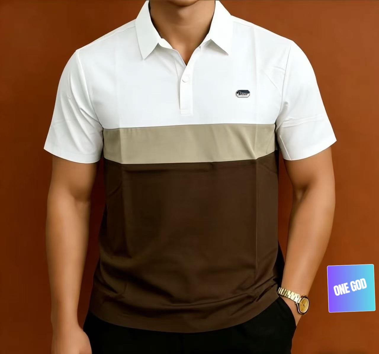 Model wearing white, beige, and brown colorblock polo shirt.