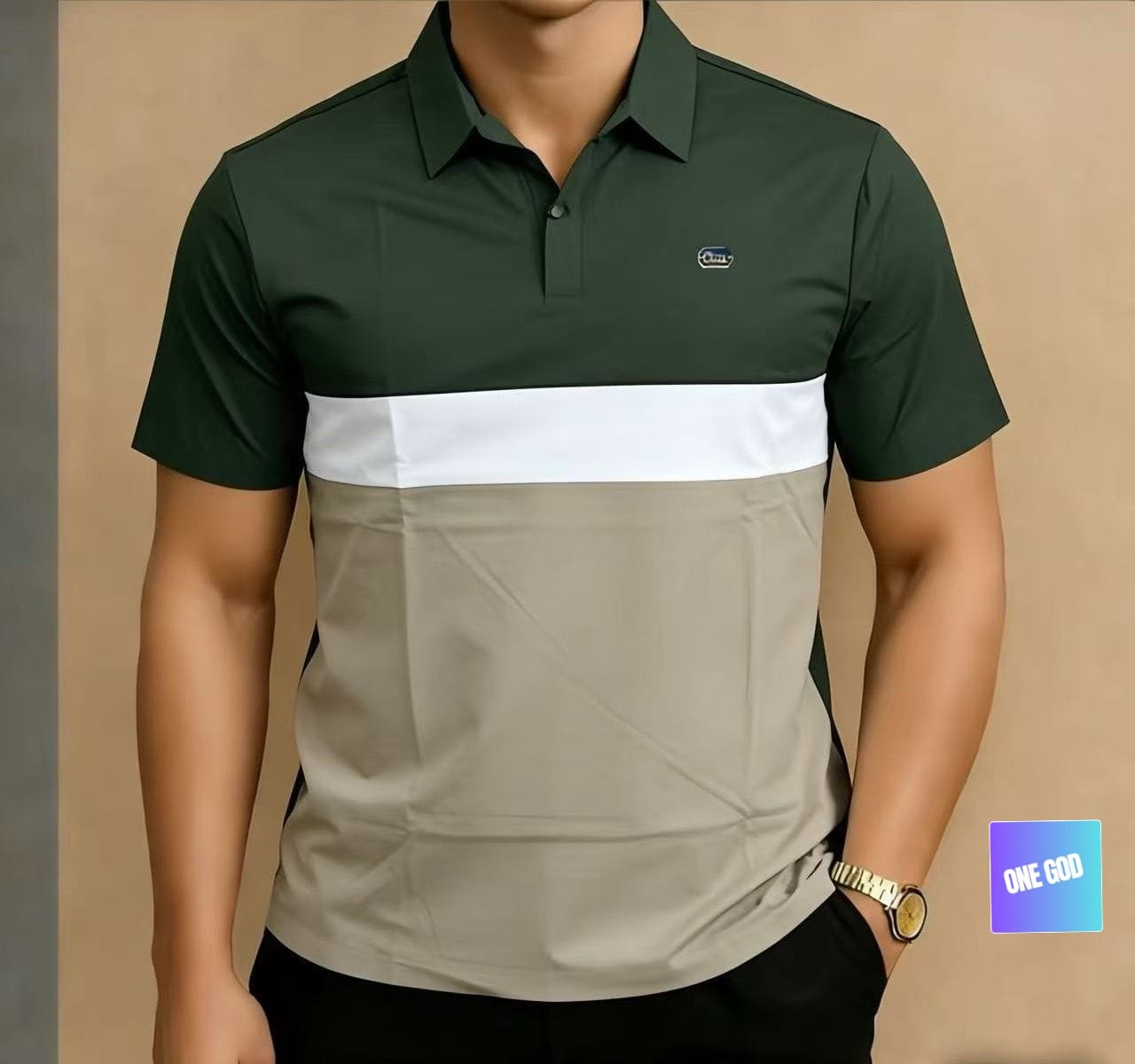 Model wearing green, white, and beige colorblock polo shirt.