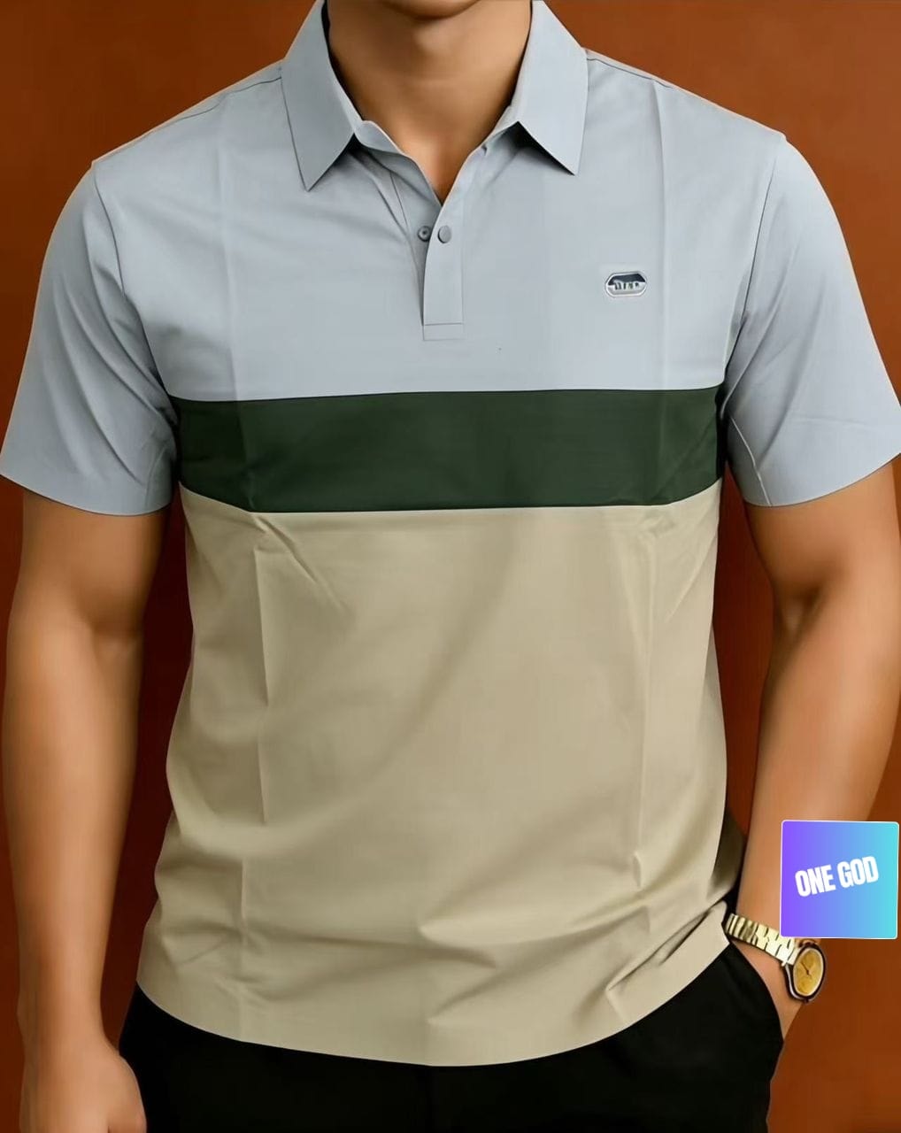 Model wearing light blue, green, and beige colorblock polo shirt.