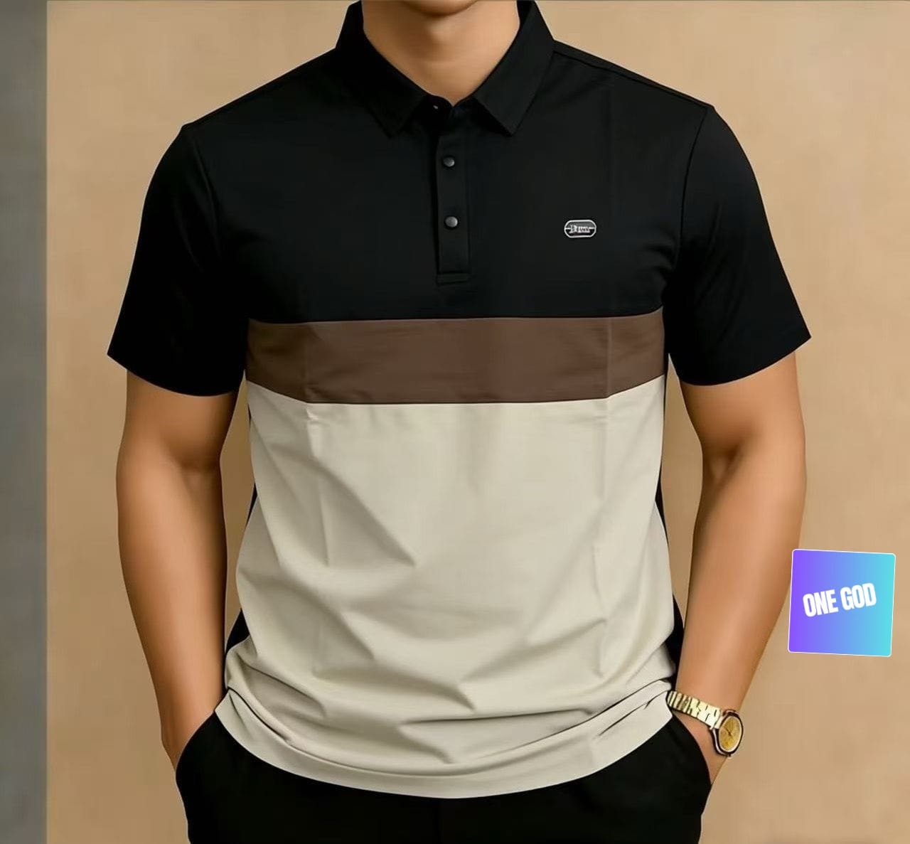 Model wearing black, brown, and cream colorblock polo shirt.