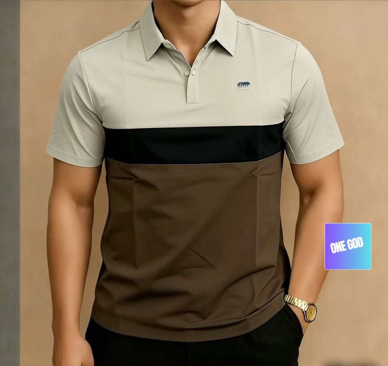 Model wearing cream, black, and brown colorblock polo shirt.